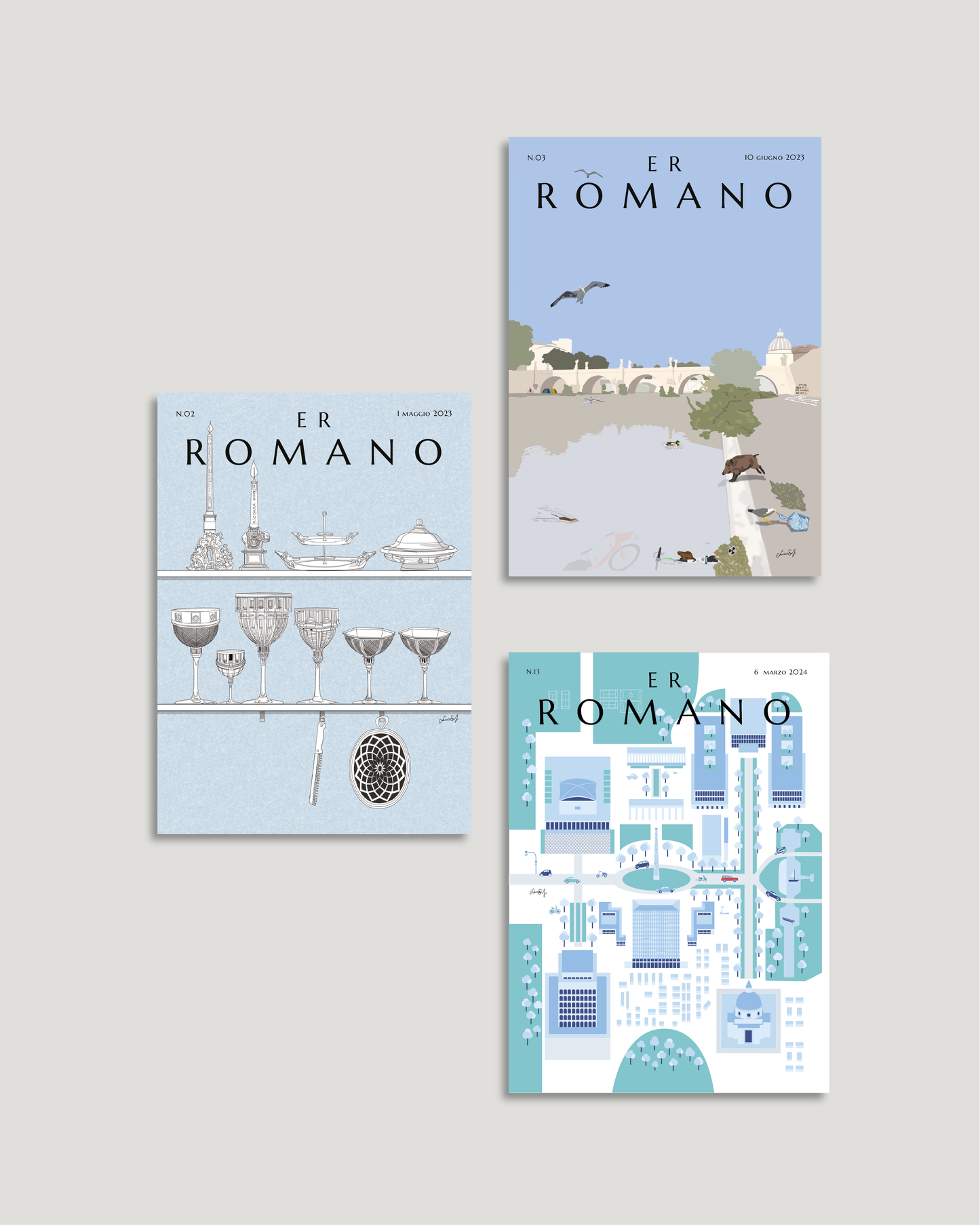 3 Postcards in Shades of Blue